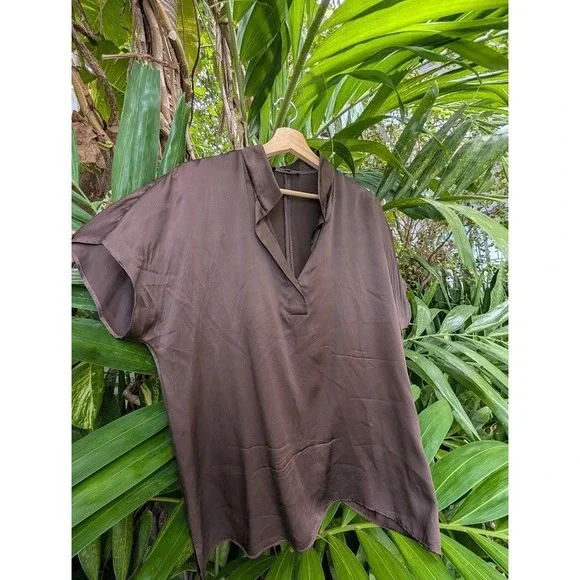 lafayette 148 chocolate brown blouse 100% silk satin 10 quiet luxury glam - Picture 2 of 8